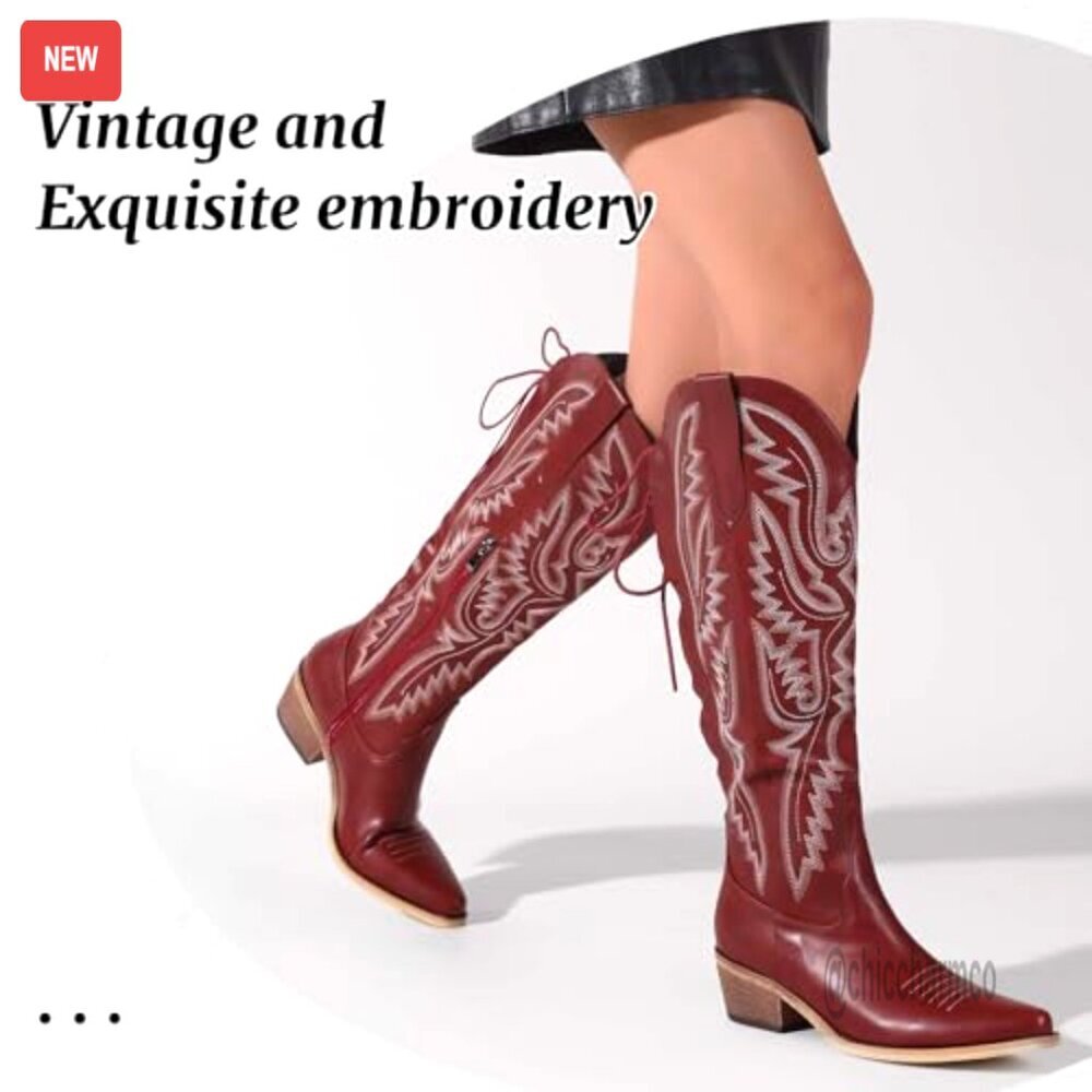Lace Up Cowboy Boots Wide Calf Chunky Heel Pointed Toe Western Shoes - Picture 2 of 7